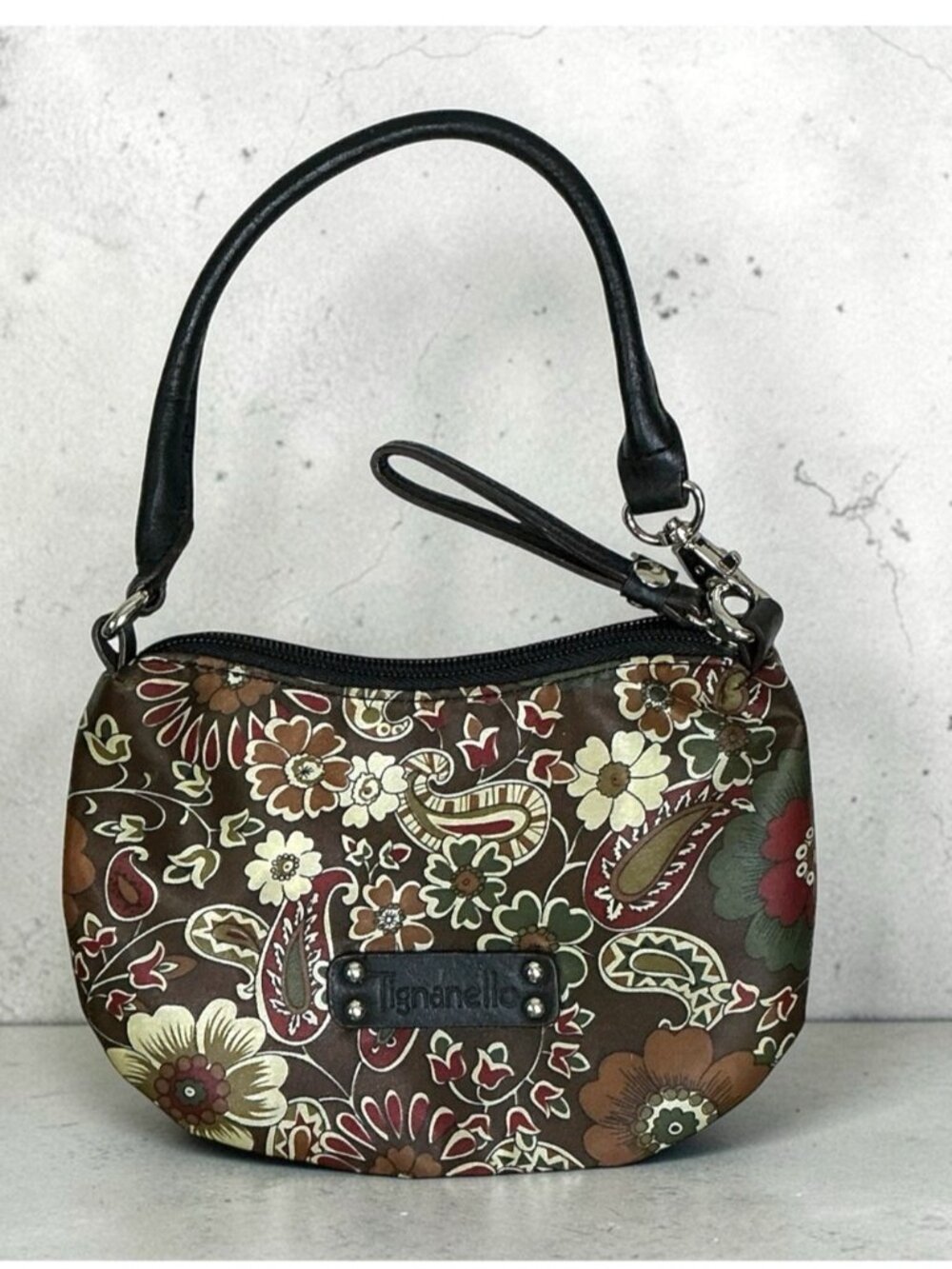 Tignanello Earth tone Floral Paisley Wristlet Converts Mini shoulder bag Brown